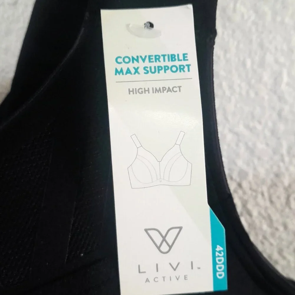 LIVI Sports Bra Convertible Max Support Underwire High Impact 42DDD Black NWT